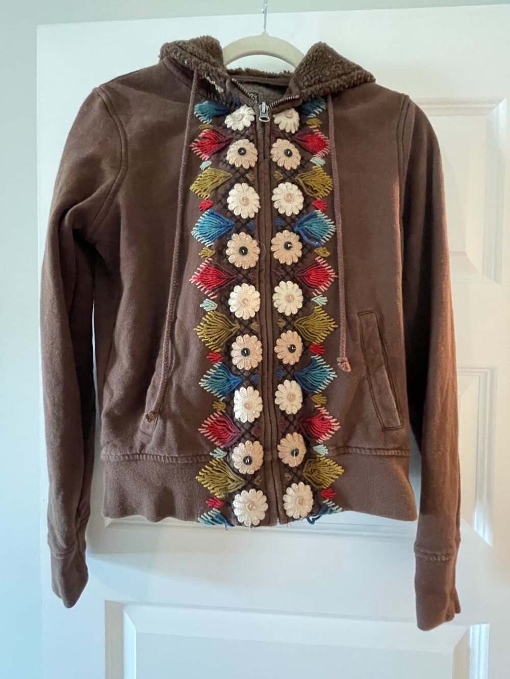 Lucky Brand Vintage Embroidered Floral Sherpa Hooded Zip Up Jacket Size S